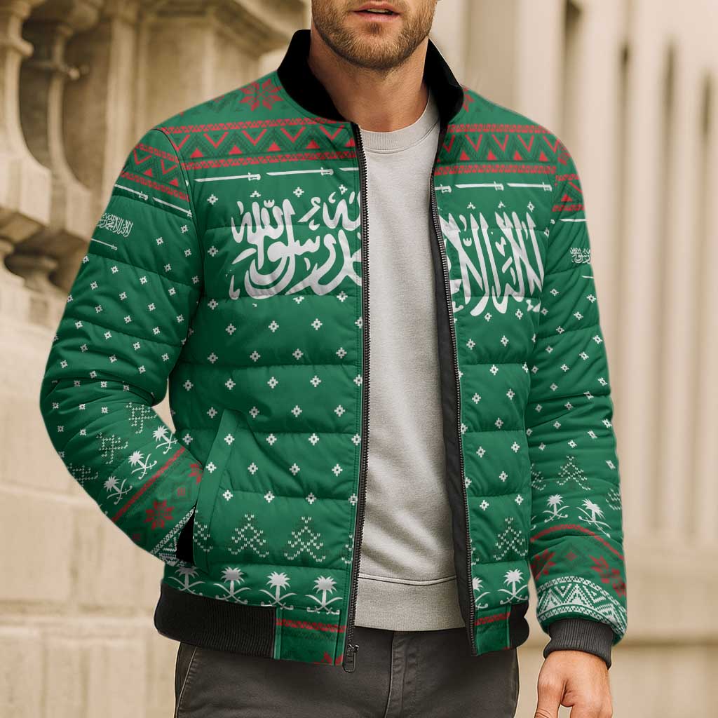 Saudi Arabia Christmas Bomber Puffer Jacket with Green Pattern, Traditional Script Motif, and Camel Caravan Silhouette - Wonder Print Shop