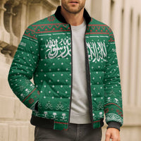 Saudi Arabia Christmas Bomber Puffer Jacket with Green Pattern, Traditional Script Motif, and Camel Caravan Silhouette - Wonder Print Shop