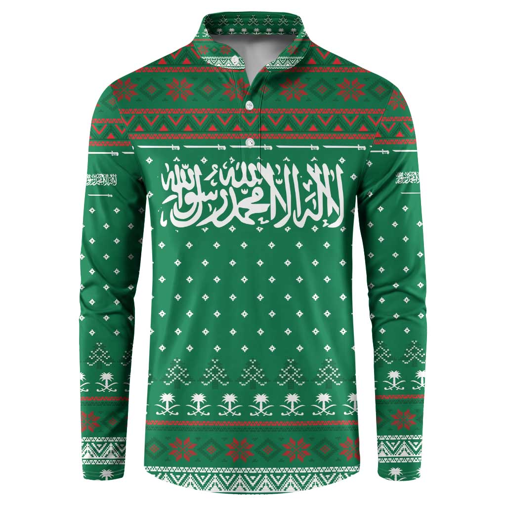 Saudi Arabia Christmas Button Sweatshirt with Green Pattern, Traditional Script Motif, and Camel Caravan Silhouette - Wonder Print Shop