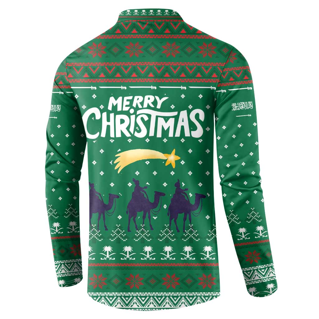 Saudi Arabia Christmas Button Sweatshirt with Green Pattern, Traditional Script Motif, and Camel Caravan Silhouette - Wonder Print Shop