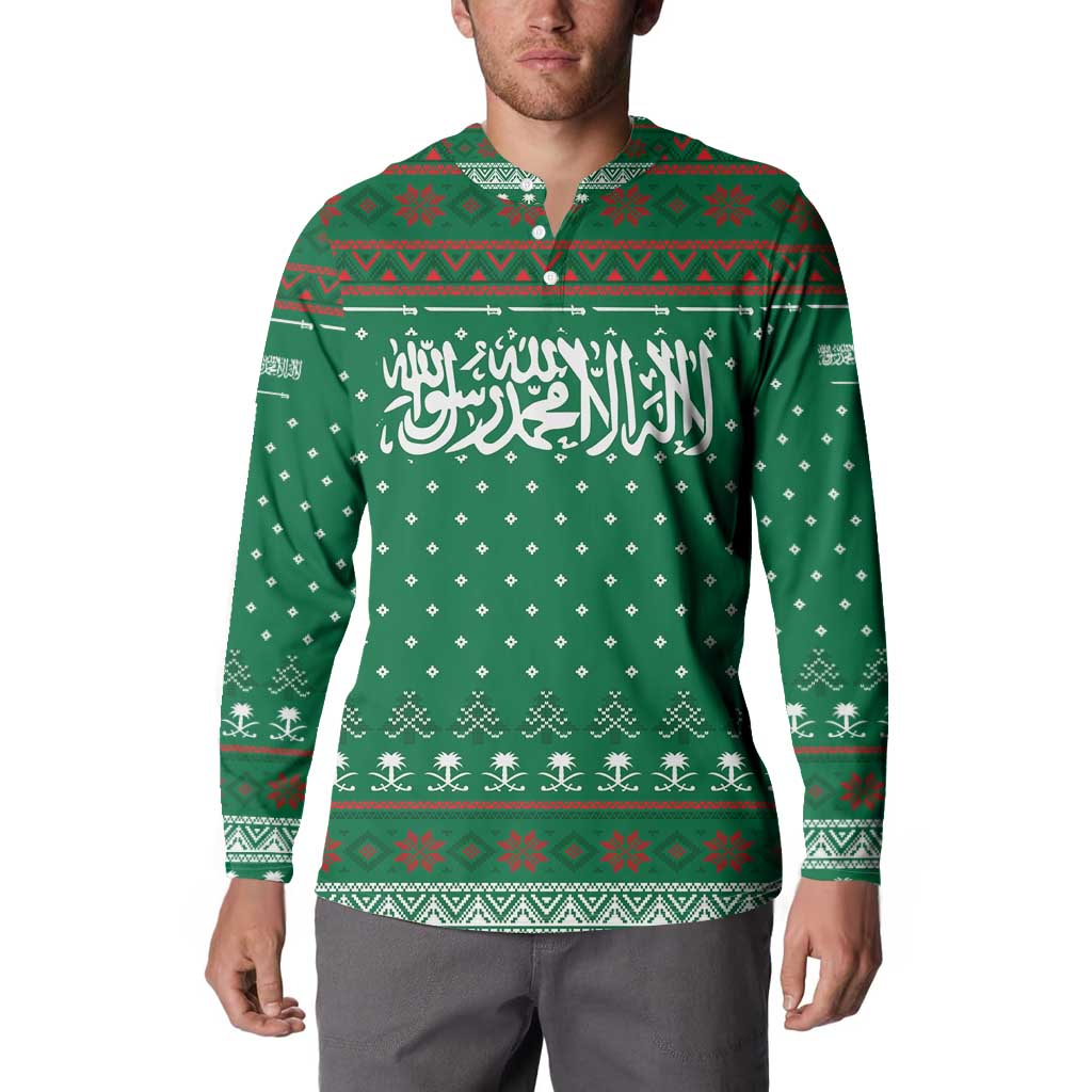 Saudi Arabia Christmas Button Sweatshirt with Green Pattern, Traditional Script Motif, and Camel Caravan Silhouette - Wonder Print Shop