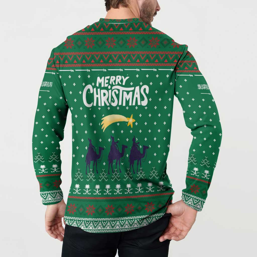 Saudi Arabia Christmas Button Sweatshirt with Green Pattern, Traditional Script Motif, and Camel Caravan Silhouette - Wonder Print Shop