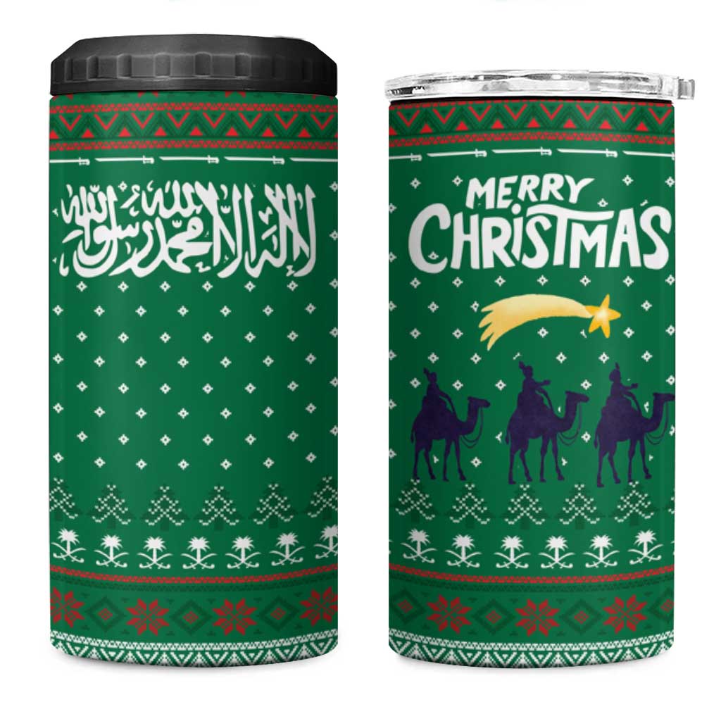 Saudi Arabia Christmas 4 in 1 Can Cooler Tumbler with Green Pattern, Traditional Script Motif, and Camel Caravan Silhouette - Wonder Print Shop
