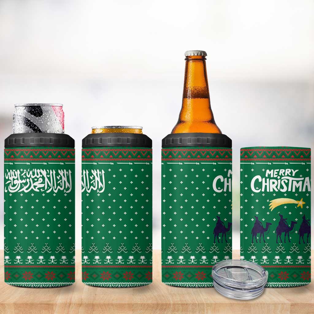 Saudi Arabia Christmas 4 in 1 Can Cooler Tumbler with Green Pattern, Traditional Script Motif, and Camel Caravan Silhouette - Wonder Print Shop