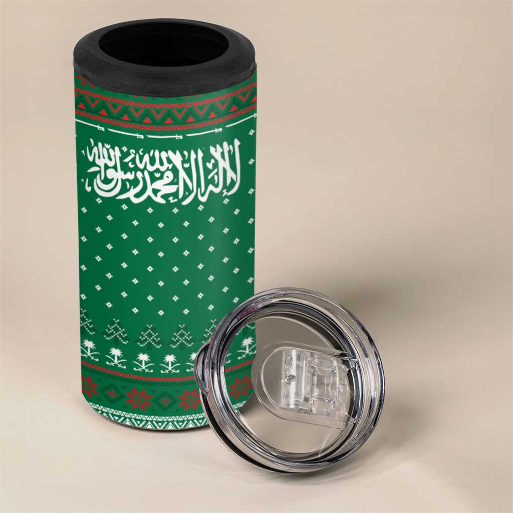 Saudi Arabia Christmas 4 in 1 Can Cooler Tumbler with Green Pattern, Traditional Script Motif, and Camel Caravan Silhouette - Wonder Print Shop