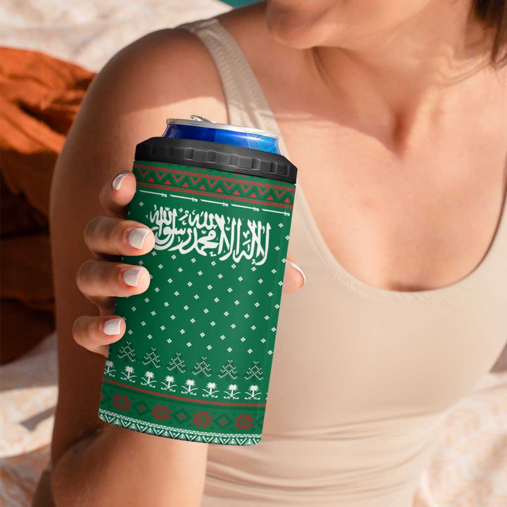 Saudi Arabia Christmas 4 in 1 Can Cooler Tumbler with Green Pattern, Traditional Script Motif, and Camel Caravan Silhouette - Wonder Print Shop