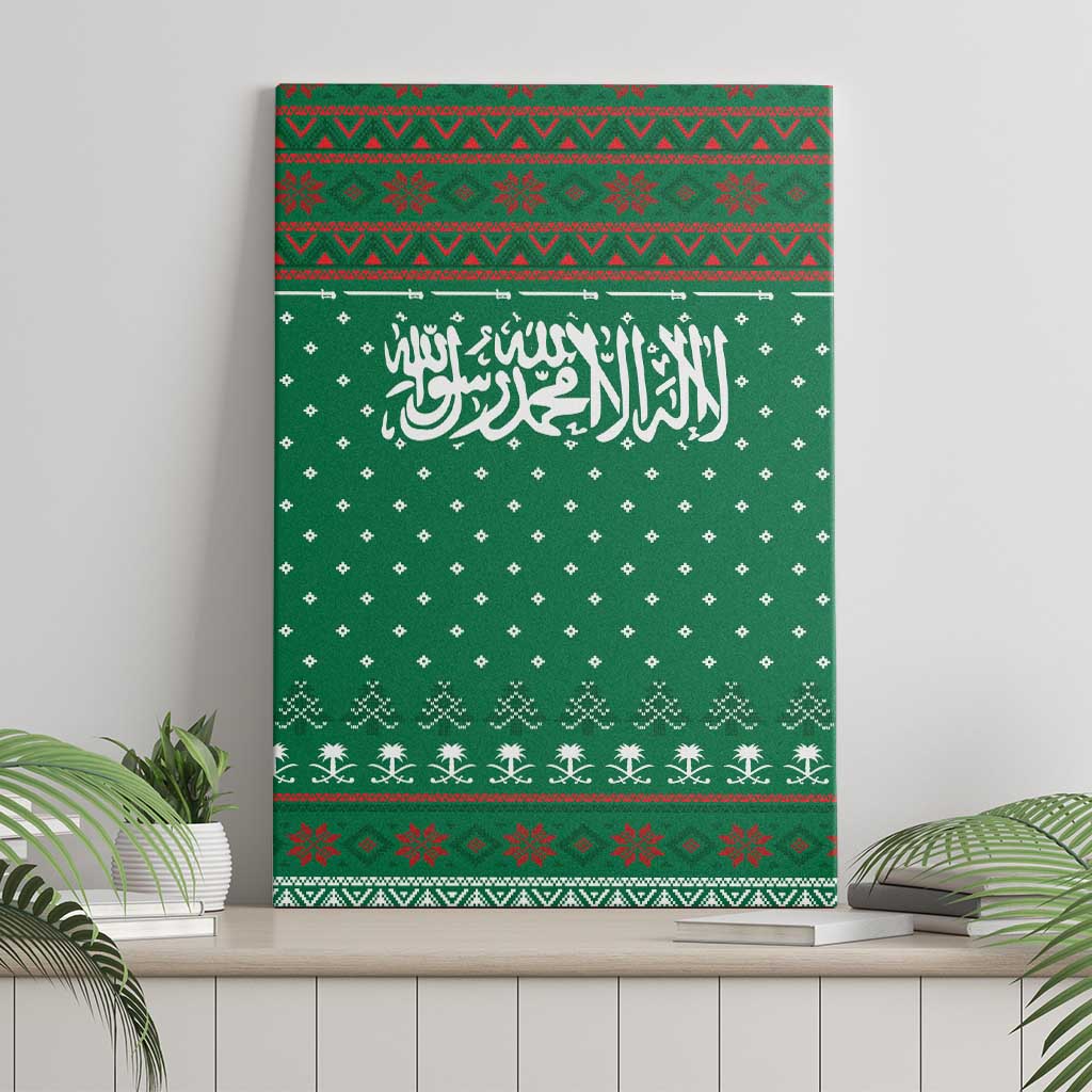 Saudi Arabia Christmas Canvas Wall Art with Green Pattern, Traditional Script Motif, and Camel Caravan Silhouette - Wonder Print Shop