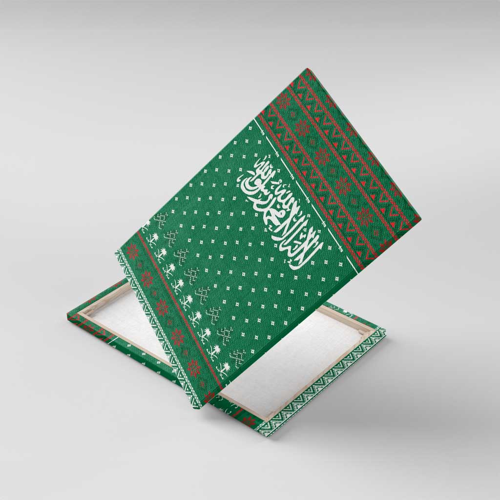 Saudi Arabia Christmas Canvas Wall Art with Green Pattern, Traditional Script Motif, and Camel Caravan Silhouette - Wonder Print Shop