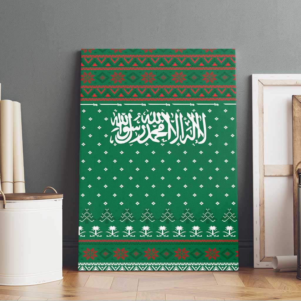 Saudi Arabia Christmas Canvas Wall Art with Green Pattern, Traditional Script Motif, and Camel Caravan Silhouette - Wonder Print Shop
