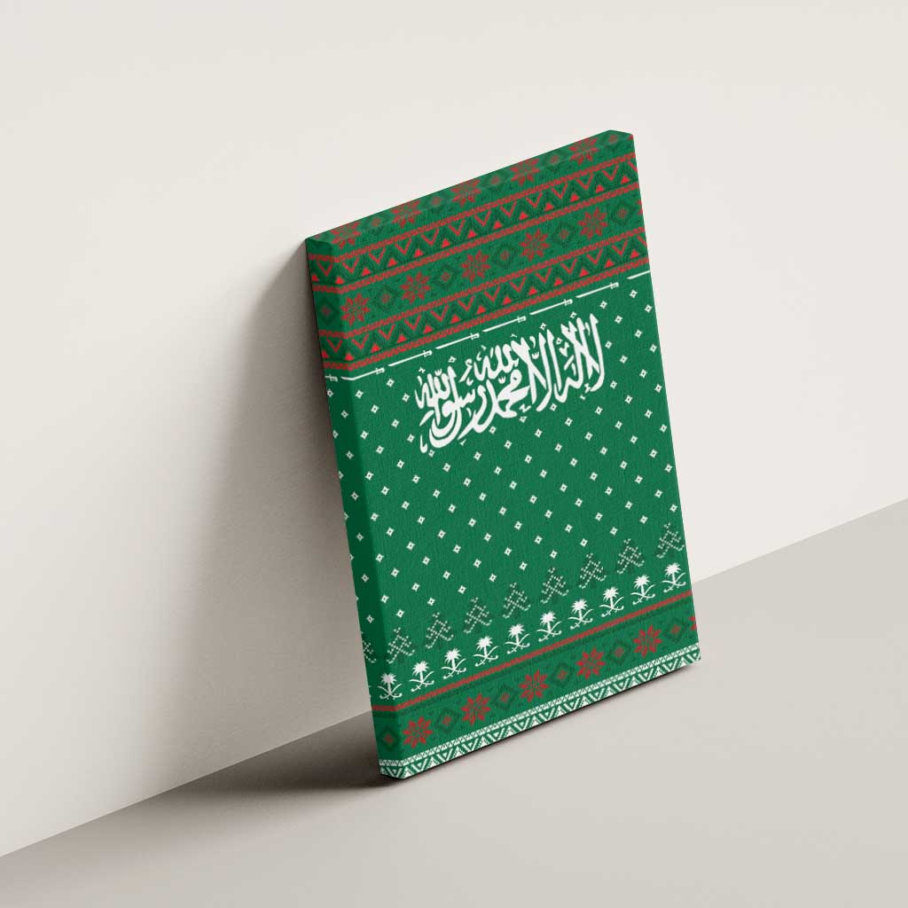 Saudi Arabia Christmas Canvas Wall Art with Green Pattern, Traditional Script Motif, and Camel Caravan Silhouette - Wonder Print Shop