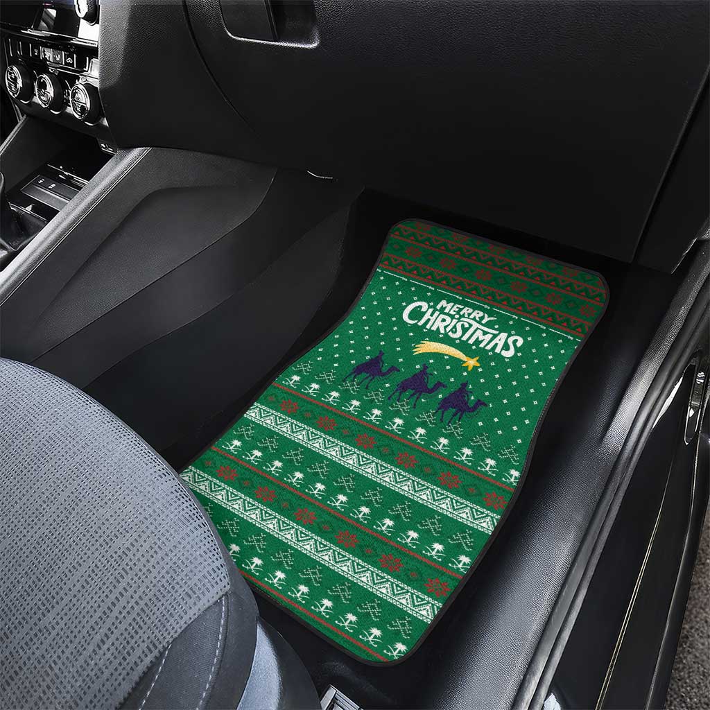 Saudi Arabia Christmas Car Mats with Green Pattern, Traditional Script Motif, and Camel Caravan Silhouette - Wonder Print Shop