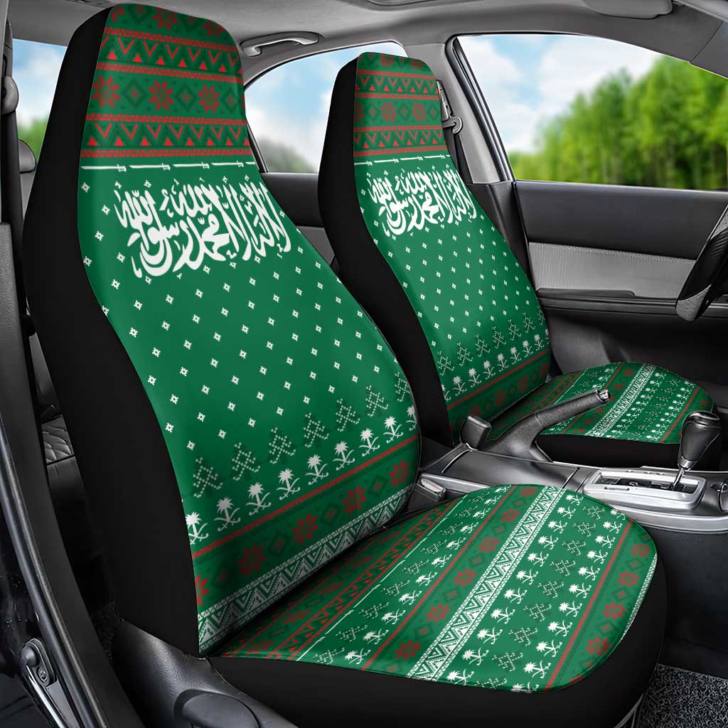 Saudi Arabia Christmas Car Seat Cover with Green Pattern, Traditional Script Motif, and Camel Caravan Silhouette - Wonder Print Shop