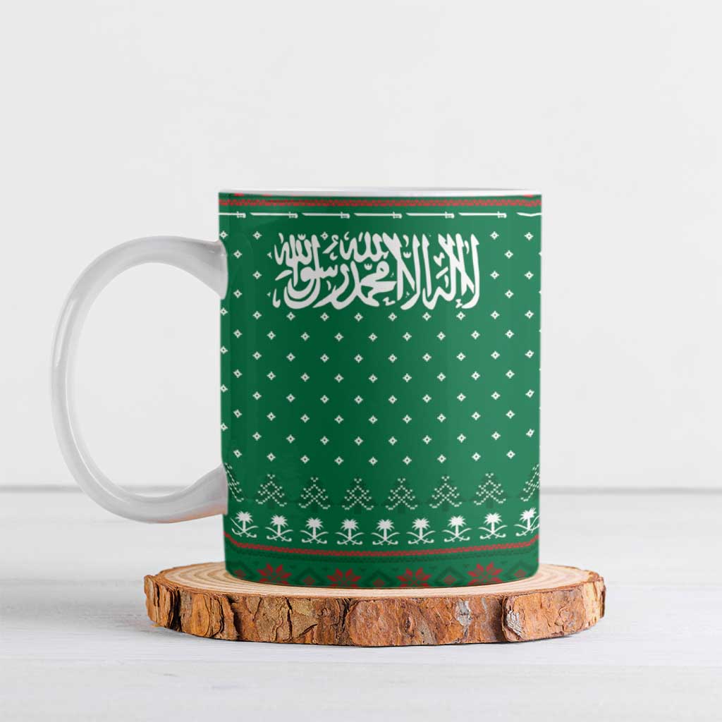 Saudi Arabia Christmas Ceramic Mug with Green Pattern, Traditional Script Motif, and Camel Caravan Silhouette - Wonder Print Shop