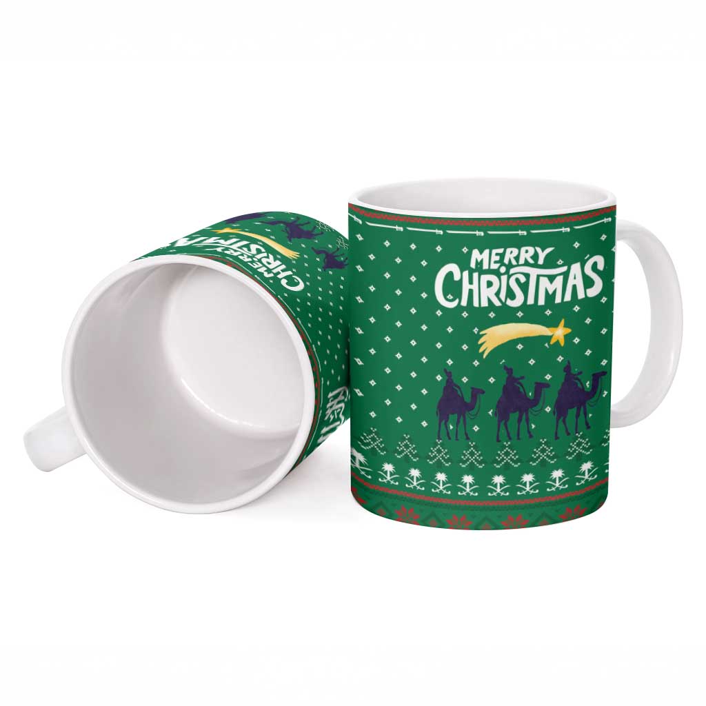 Saudi Arabia Christmas Ceramic Mug with Green Pattern, Traditional Script Motif, and Camel Caravan Silhouette - Wonder Print Shop