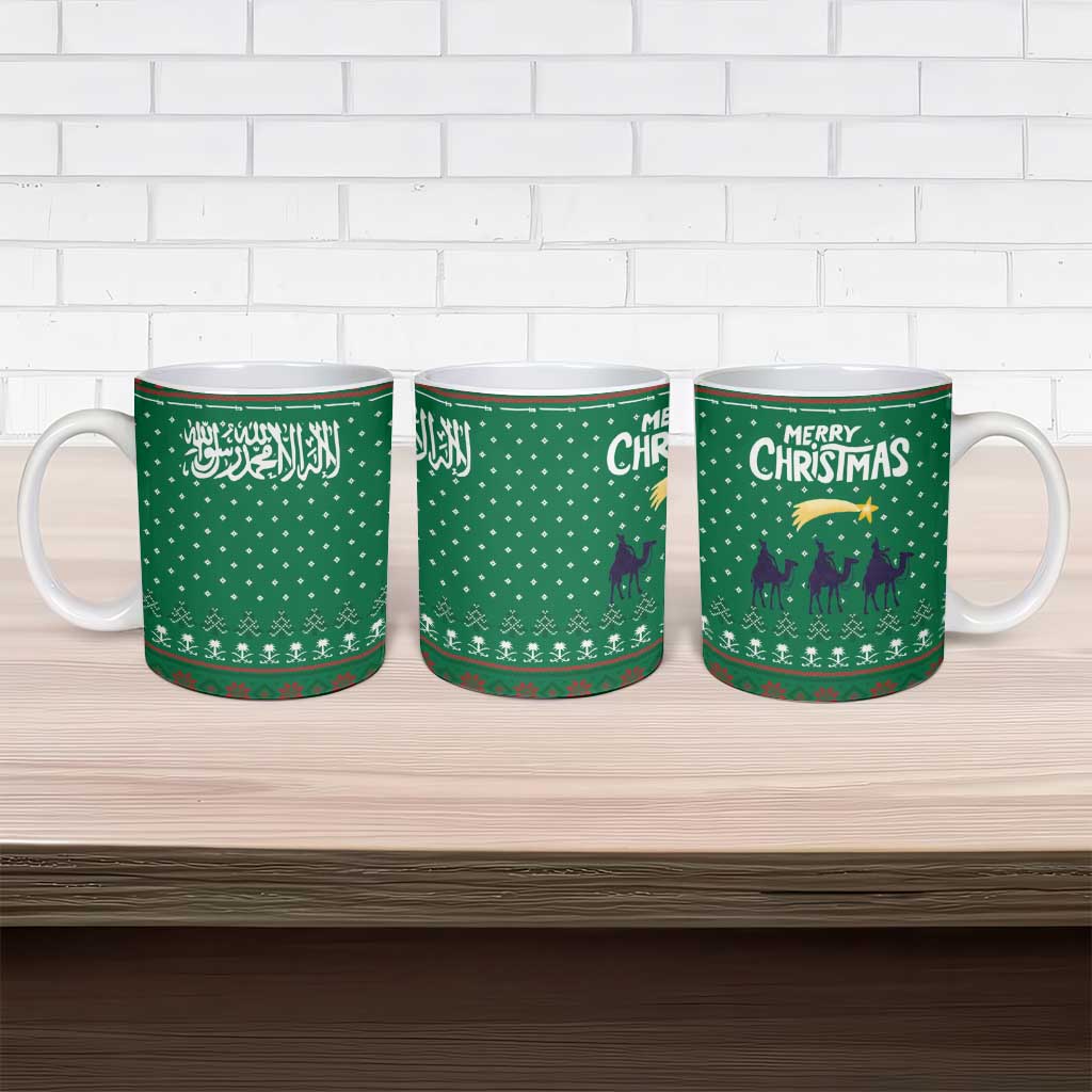 Saudi Arabia Christmas Ceramic Mug with Green Pattern, Traditional Script Motif, and Camel Caravan Silhouette - Wonder Print Shop