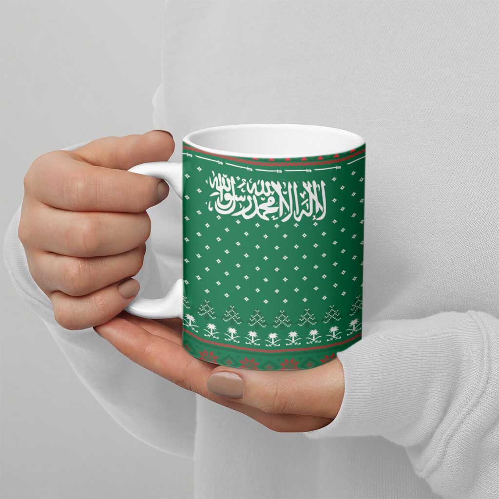 Saudi Arabia Christmas Ceramic Mug with Green Pattern, Traditional Script Motif, and Camel Caravan Silhouette - Wonder Print Shop