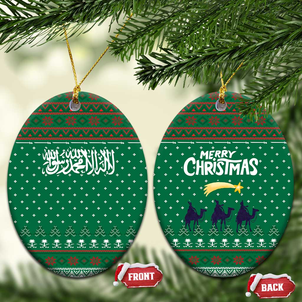 Saudi Arabia Christmas Ceramic Ornament with Green Pattern, Traditional Script Motif, and Camel Caravan Silhouette - Wonder Print Shop