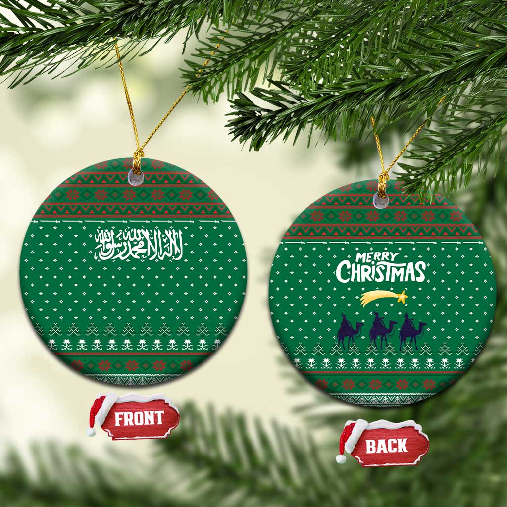 Saudi Arabia Christmas Ceramic Ornament with Green Pattern, Traditional Script Motif, and Camel Caravan Silhouette - Wonder Print Shop