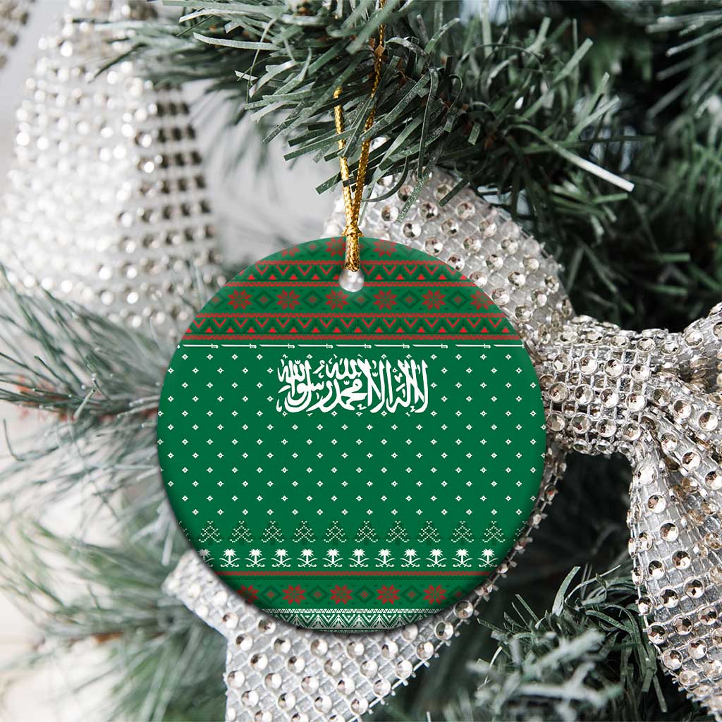 Saudi Arabia Christmas Ceramic Ornament with Green Pattern, Traditional Script Motif, and Camel Caravan Silhouette - Wonder Print Shop