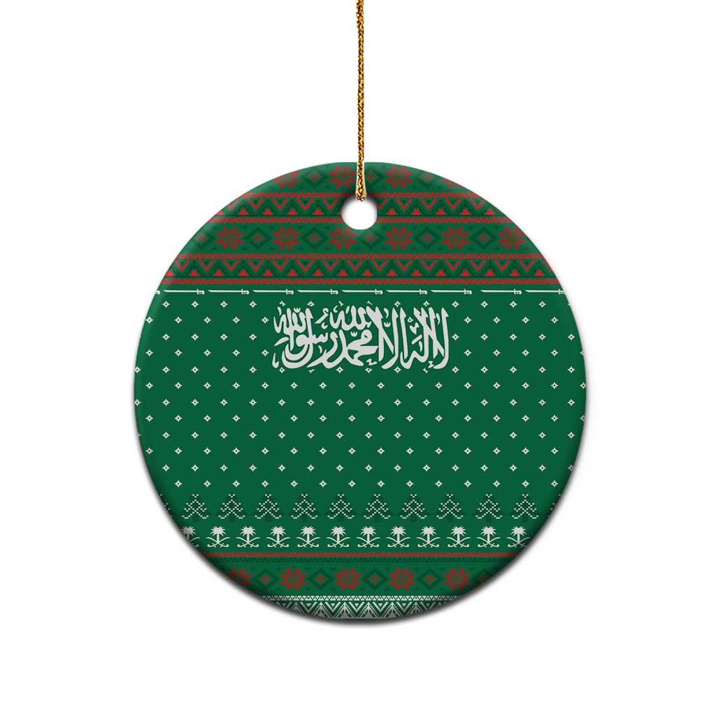 Saudi Arabia Christmas Ceramic Ornament with Green Pattern, Traditional Script Motif, and Camel Caravan Silhouette - Wonder Print Shop