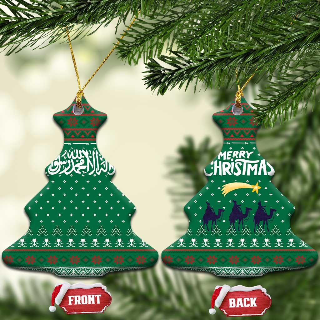Saudi Arabia Christmas Ceramic Ornament with Green Pattern, Traditional Script Motif, and Camel Caravan Silhouette - Wonder Print Shop