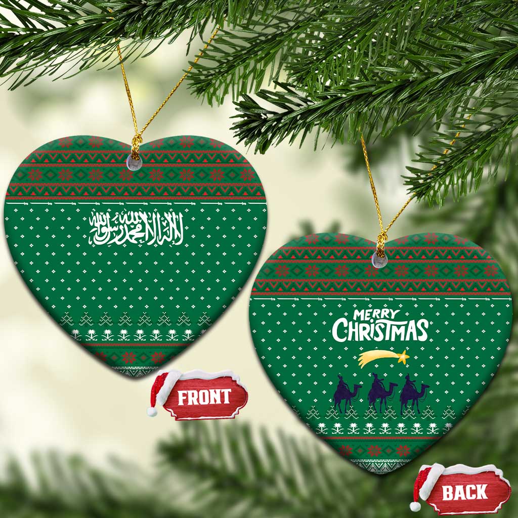 Saudi Arabia Christmas Ceramic Ornament with Green Pattern, Traditional Script Motif, and Camel Caravan Silhouette - Wonder Print Shop