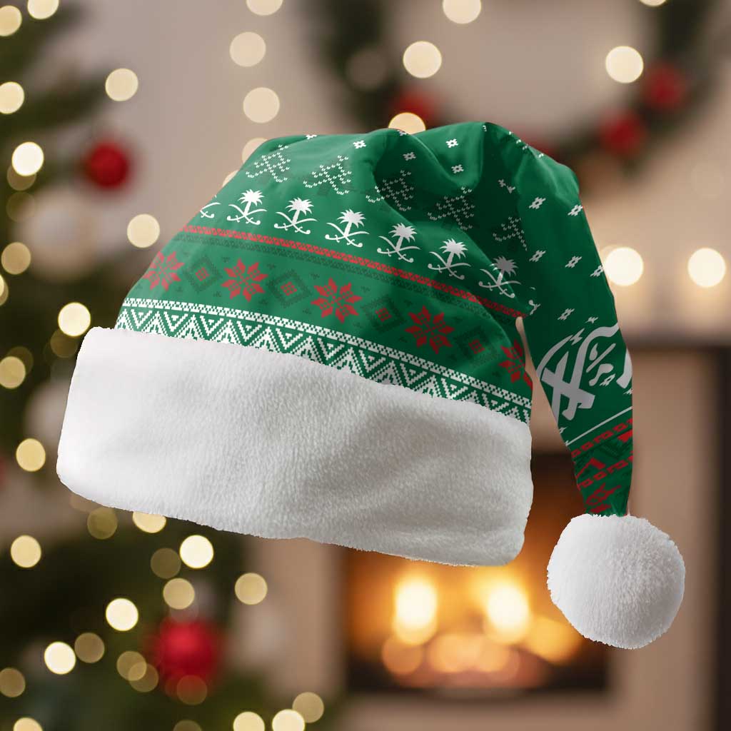 Saudi Arabia Christmas Santa Hat with Green Pattern, Traditional Script Motif, and Camel Caravan Silhouette - Wonder Print Shop
