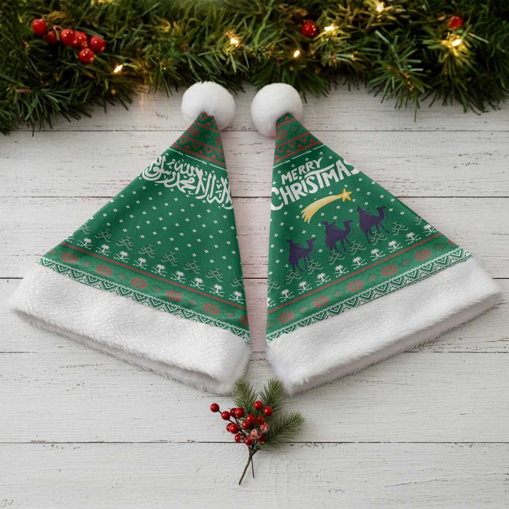 Saudi Arabia Christmas Santa Hat with Green Pattern, Traditional Script Motif, and Camel Caravan Silhouette - Wonder Print Shop
