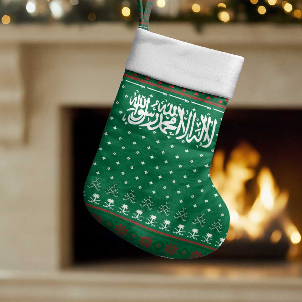 Saudi Arabia Christmas Stocking with Green Pattern, Traditional Script Motif, and Camel Caravan Silhouette - Wonder Print Shop