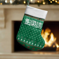 Saudi Arabia Christmas Stocking with Green Pattern, Traditional Script Motif, and Camel Caravan Silhouette - Wonder Print Shop