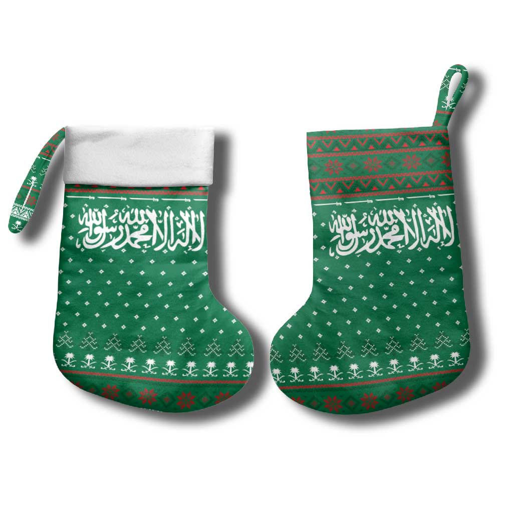 Saudi Arabia Christmas Stocking with Green Pattern, Traditional Script Motif, and Camel Caravan Silhouette - Wonder Print Shop