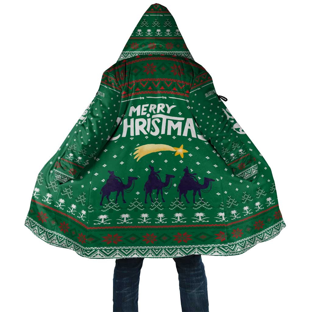 Saudi Arabia Christmas Cloak with Green Pattern, Traditional Script Motif, and Camel Caravan Silhouette - Wonder Print Shop