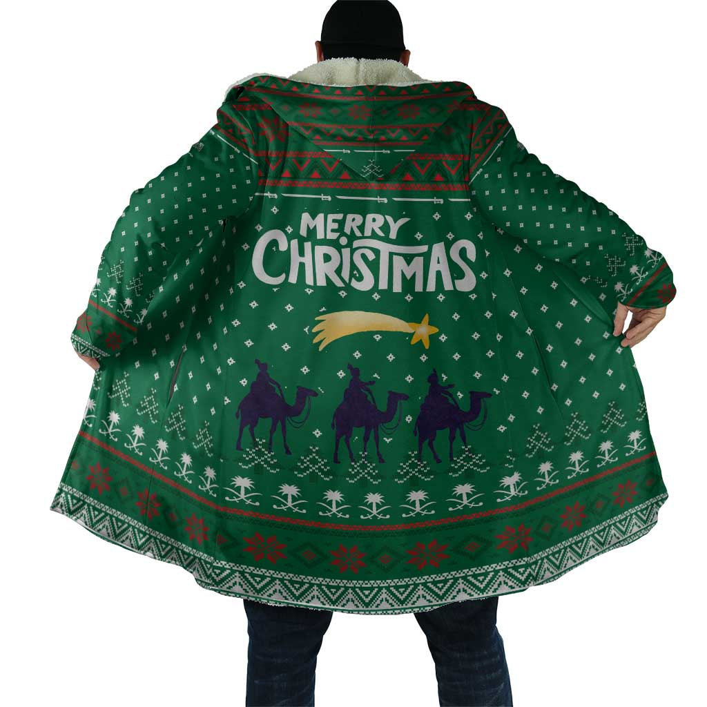 Saudi Arabia Christmas Cloak with Green Pattern, Traditional Script Motif, and Camel Caravan Silhouette - Wonder Print Shop