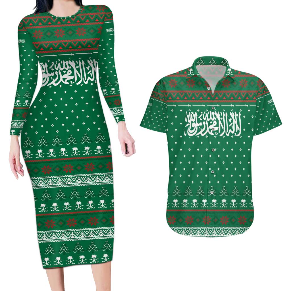 Saudi Arabia Christmas Couples Matching Long Sleeve Bodycon Dress and Hawaiian Shirt with Green Pattern, Traditional Script Motif, and Camel Caravan Silhouette - Wonder Print Shop