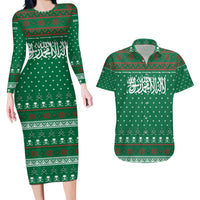 Saudi Arabia Christmas Couples Matching Long Sleeve Bodycon Dress and Hawaiian Shirt with Green Pattern, Traditional Script Motif, and Camel Caravan Silhouette - Wonder Print Shop