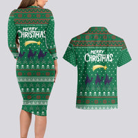 Saudi Arabia Christmas Couples Matching Long Sleeve Bodycon Dress and Hawaiian Shirt with Green Pattern, Traditional Script Motif, and Camel Caravan Silhouette - Wonder Print Shop