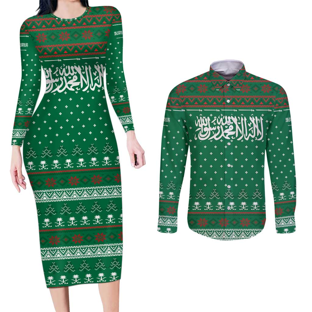 Saudi Arabia Christmas Couples Matching Long Sleeve Bodycon Dress and Long Sleeve Button Shirt with Green Pattern, Traditional Script Motif, and Camel Caravan Silhouette - Wonder Print Shop