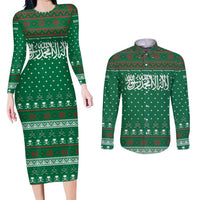 Saudi Arabia Christmas Couples Matching Long Sleeve Bodycon Dress and Long Sleeve Button Shirt with Green Pattern, Traditional Script Motif, and Camel Caravan Silhouette - Wonder Print Shop