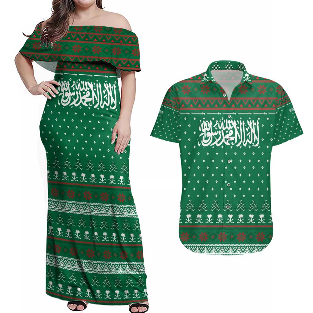Saudi Arabia Christmas Couples Matching Off Shoulder Maxi Dress and Hawaiian Shirt with Green Pattern, Traditional Script Motif, and Camel Caravan Silhouette - Wonder Print Shop