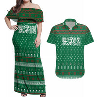Saudi Arabia Christmas Couples Matching Off Shoulder Maxi Dress and Hawaiian Shirt with Green Pattern, Traditional Script Motif, and Camel Caravan Silhouette - Wonder Print Shop