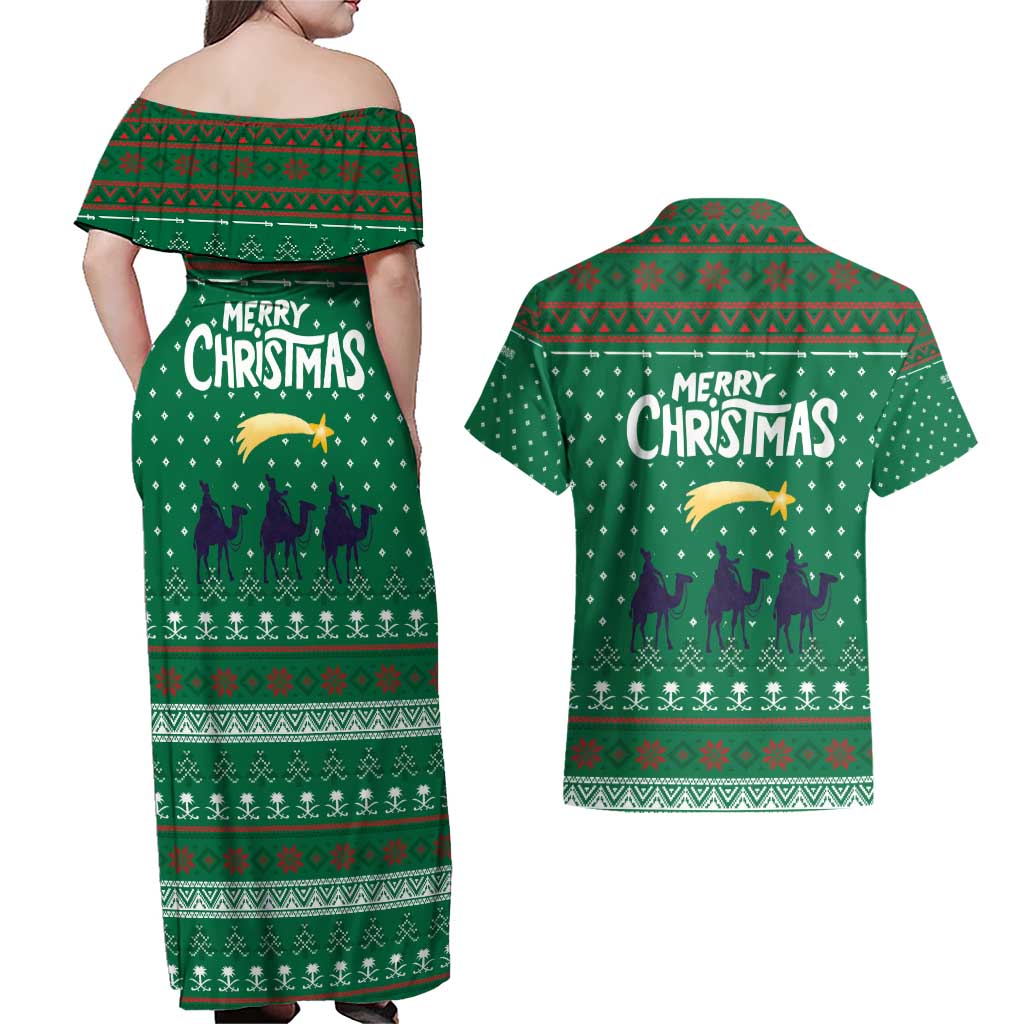 Saudi Arabia Christmas Couples Matching Off Shoulder Maxi Dress and Hawaiian Shirt with Green Pattern, Traditional Script Motif, and Camel Caravan Silhouette - Wonder Print Shop