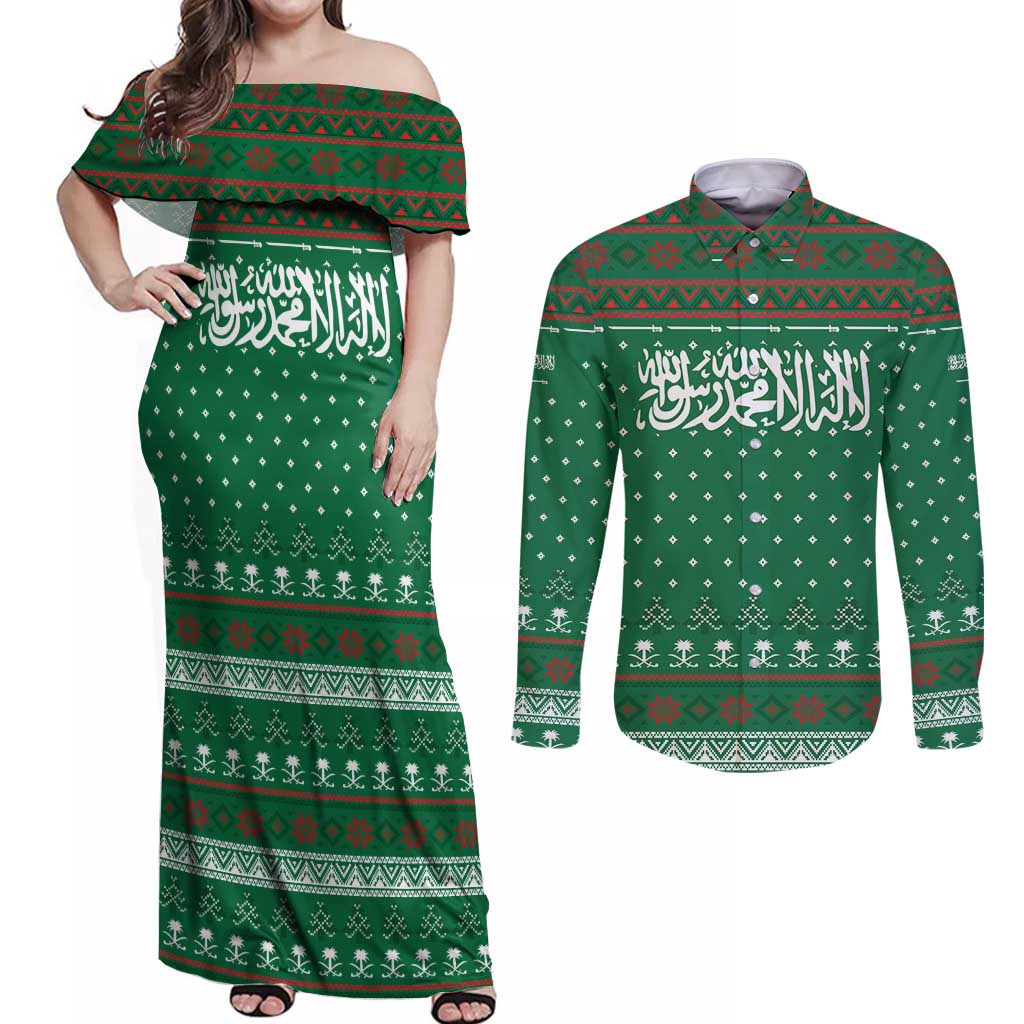 Saudi Arabia Christmas Couples Matching Off Shoulder Maxi Dress and Long Sleeve Button Shirt with Green Pattern, Traditional Script Motif, and Camel Caravan Silhouette - Wonder Print Shop