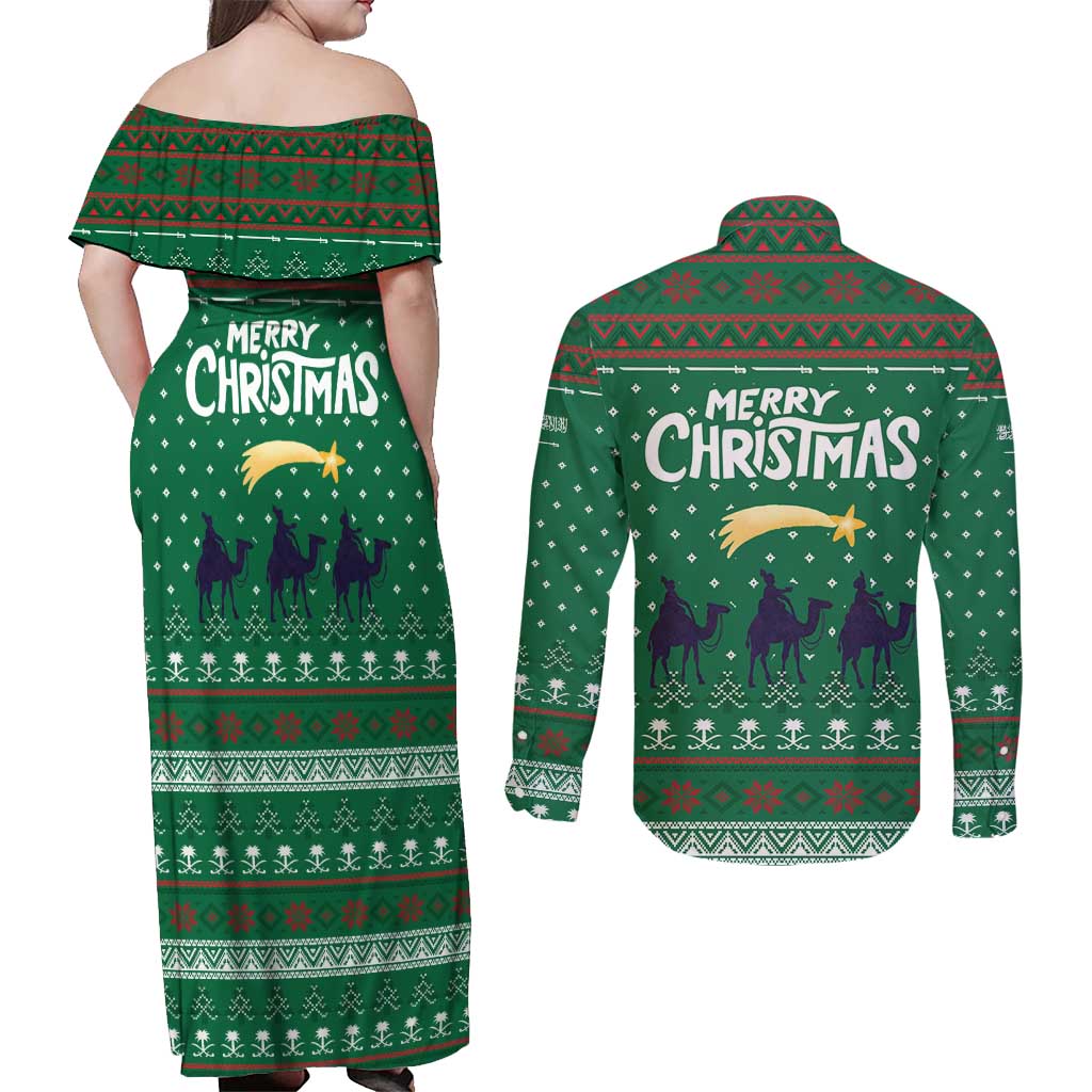 Saudi Arabia Christmas Couples Matching Off Shoulder Maxi Dress and Long Sleeve Button Shirt with Green Pattern, Traditional Script Motif, and Camel Caravan Silhouette - Wonder Print Shop