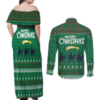 Saudi Arabia Christmas Couples Matching Off Shoulder Maxi Dress and Long Sleeve Button Shirt with Green Pattern, Traditional Script Motif, and Camel Caravan Silhouette - Wonder Print Shop