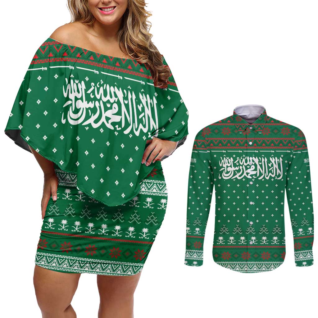 Saudi Arabia Christmas Couples Matching Off Shoulder Short Dress and Long Sleeve Button Shirt with Green Pattern, Traditional Script Motif, and Camel Caravan Silhouette - Wonder Print Shop