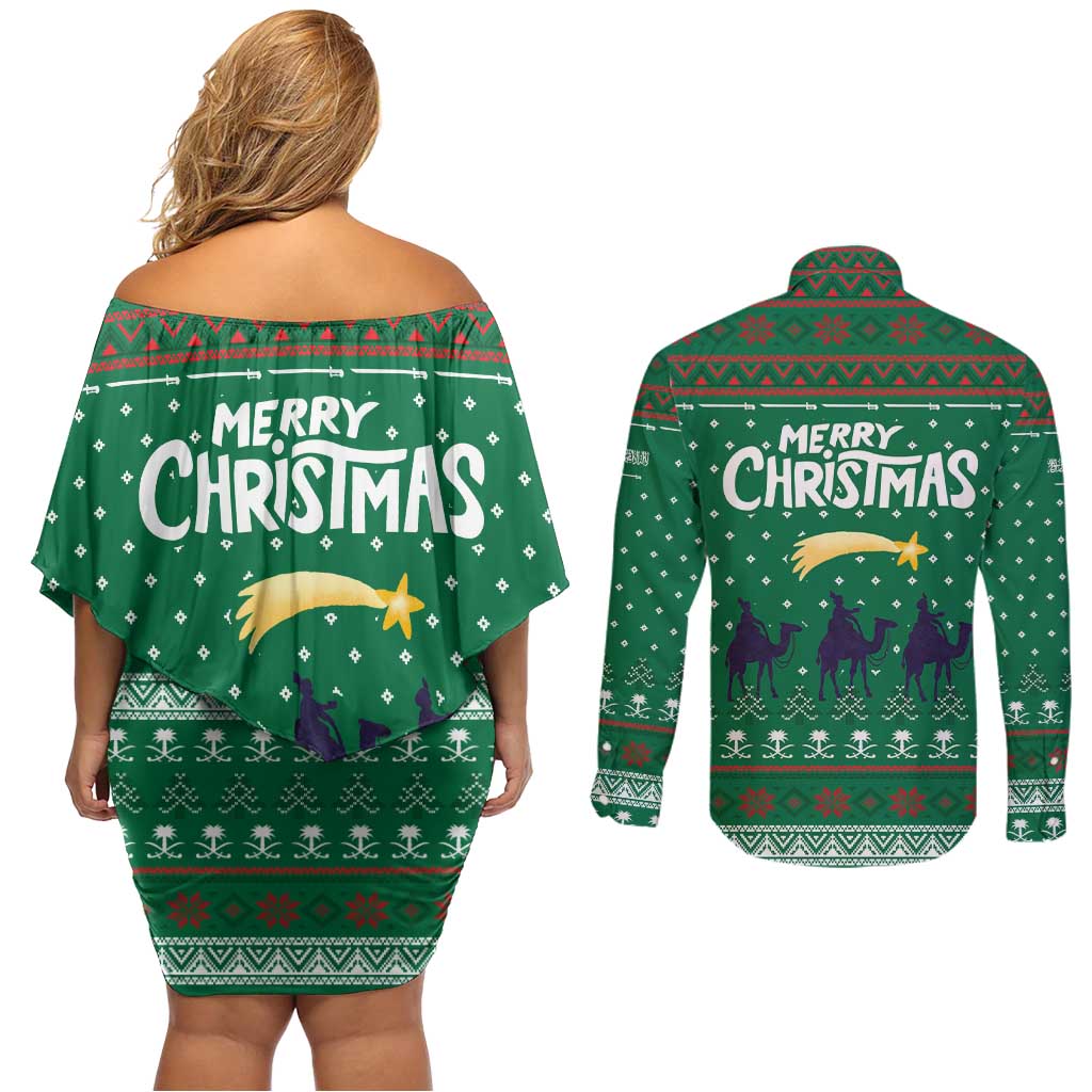 Saudi Arabia Christmas Couples Matching Off Shoulder Short Dress and Long Sleeve Button Shirt with Green Pattern, Traditional Script Motif, and Camel Caravan Silhouette - Wonder Print Shop