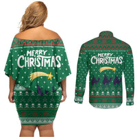 Saudi Arabia Christmas Couples Matching Off Shoulder Short Dress and Long Sleeve Button Shirt with Green Pattern, Traditional Script Motif, and Camel Caravan Silhouette - Wonder Print Shop