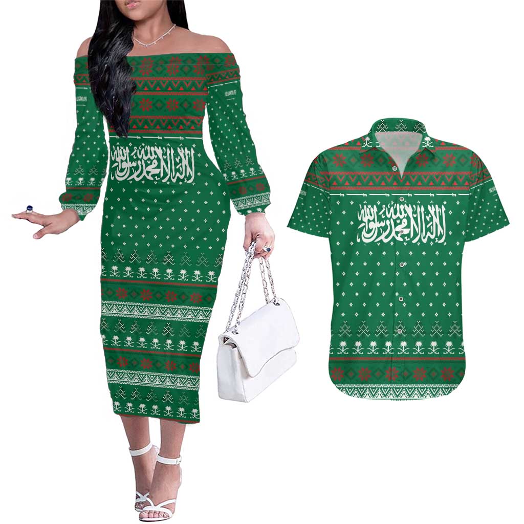 Saudi Arabia Christmas Couples Matching Off The Shoulder Long Sleeve Dress and Hawaiian Shirt with Green Pattern, Traditional Script Motif, and Camel Caravan Silhouette - Wonder Print Shop