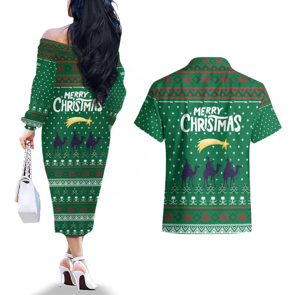 Saudi Arabia Christmas Couples Matching Off The Shoulder Long Sleeve Dress and Hawaiian Shirt with Green Pattern, Traditional Script Motif, and Camel Caravan Silhouette - Wonder Print Shop