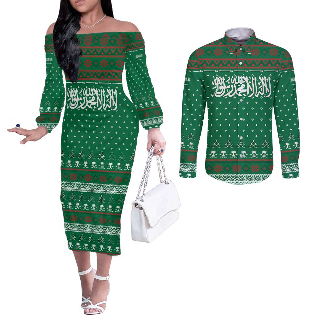 Saudi Arabia Christmas Couples Matching Off The Shoulder Long Sleeve Dress and Long Sleeve Button Shirt with Green Pattern, Traditional Script Motif, and Camel Caravan Silhouette - Wonder Print Shop